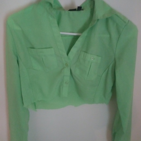 Neon Green Sheer Hand-Cropped Button Up - Picture 2 of 3